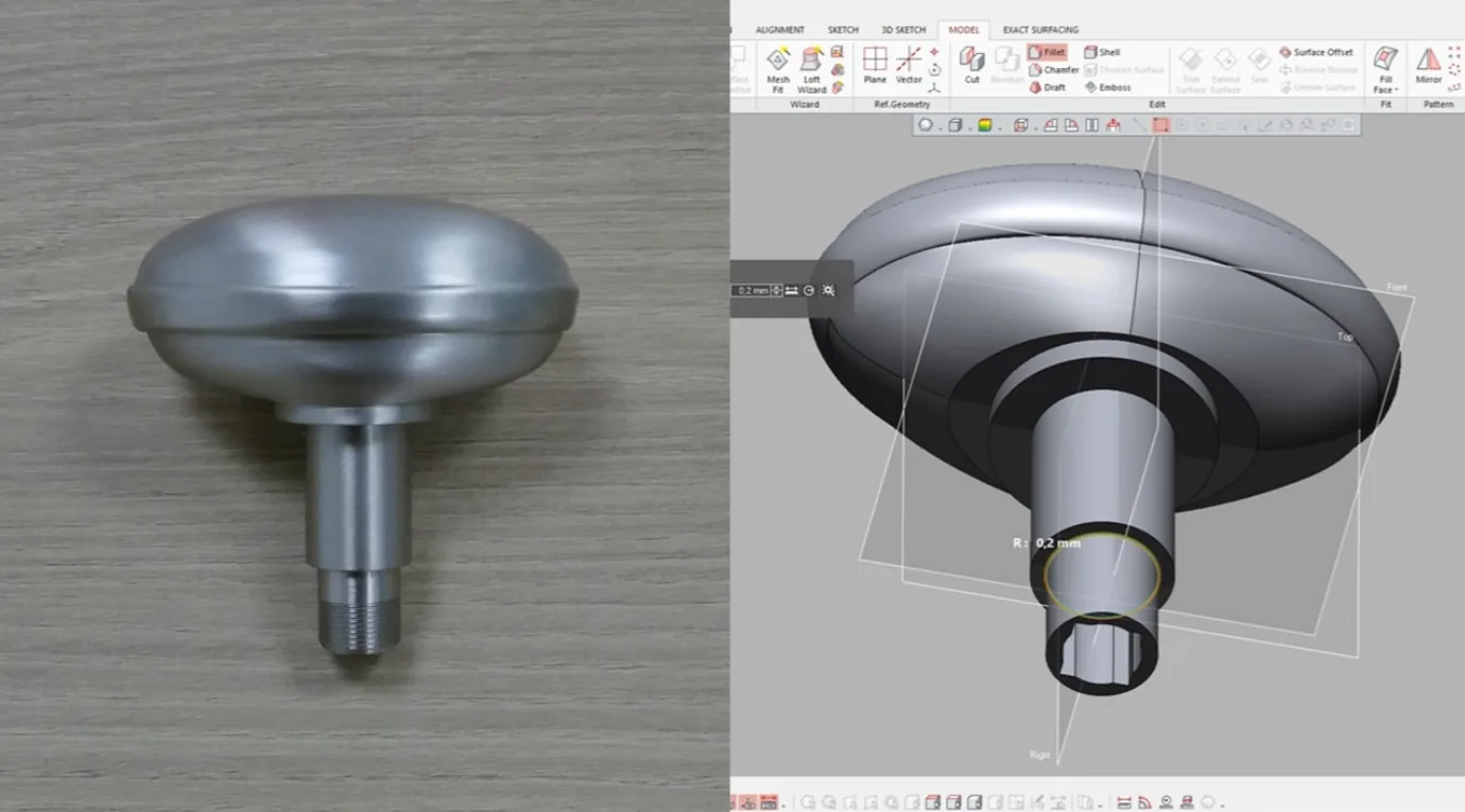 Pieza torneada y modelo CAD con radios y roscas reconstruidos