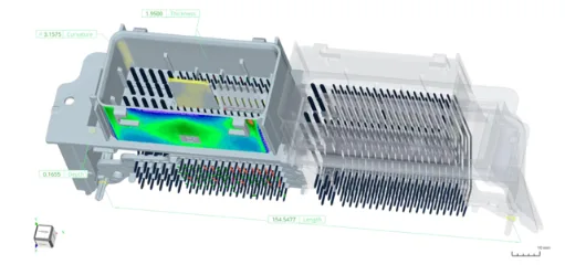 Modelo 3D de conector de automoción con mapa de colores de desviaciones dimensionales obtenido por tomografía computarizada