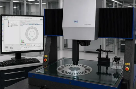 Máquina de medición por coordenadas Werth con software WinWerth midiendo una chapa de rotor en laboratorio