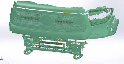 Nuvem de pontos do bumper e estrutura frontal de um Ford digitalizada em 3D
