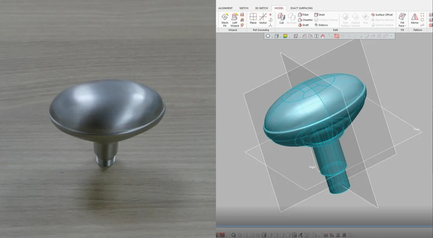 Tirador metálico y su modelo CAD en superficies exactas