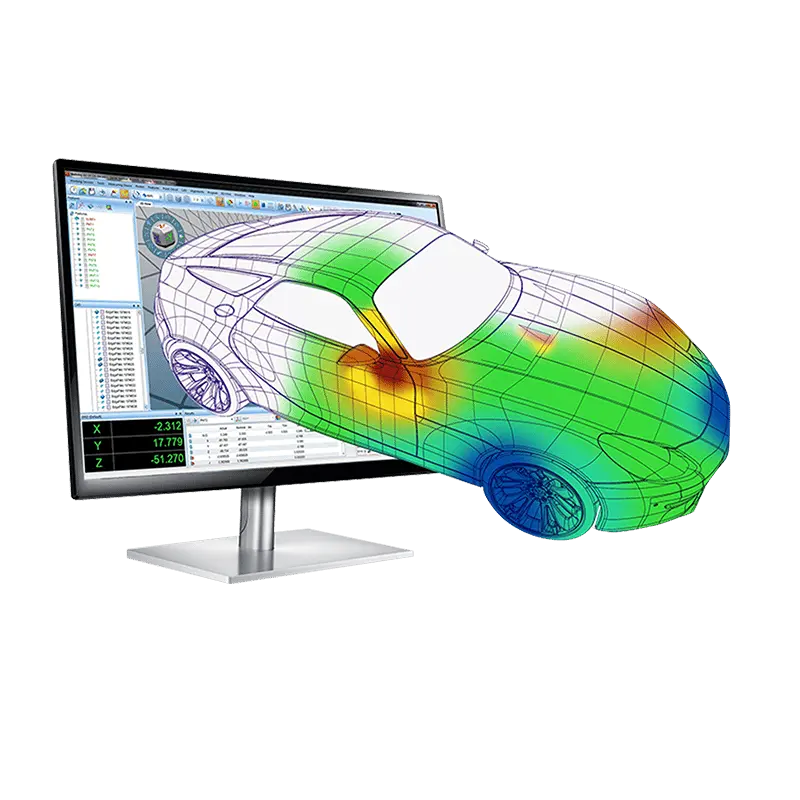 Mapa de cores 3D de desvios dimensionais sobre modelo CAD de veículo