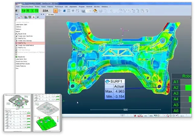 Mapa de desvios colorido de uma peça industrial inspecionada em software 3D