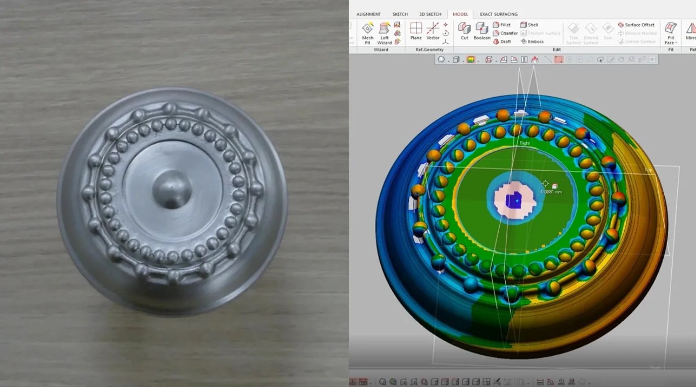 Pieza decorativa y mapa de desviaciones a color entre escaneo y CAD