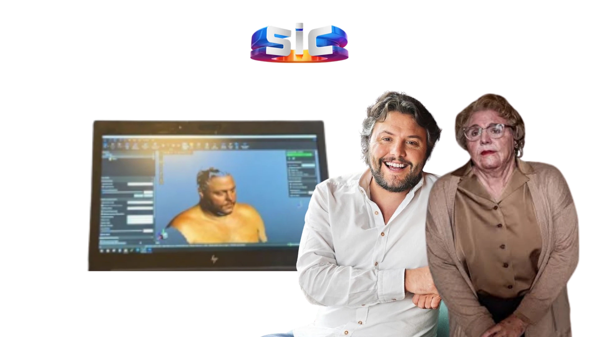 César Mourão e a personagem Dona Esperança ao lado do modelo 3D do busto digitalizado com scanner Creaform pela S4METRO para a série Esperança da SIC
